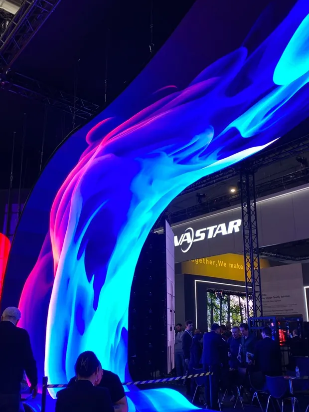 A lit installation on an exhibition show floor